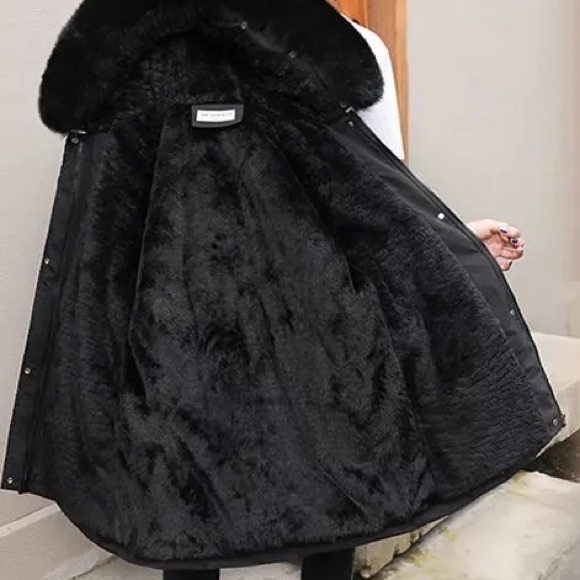 Black Faux Fur Warm Parka Wind Breaker Hood Fleece Lined Raincoat Coat Jacket - Picture 8 of 14